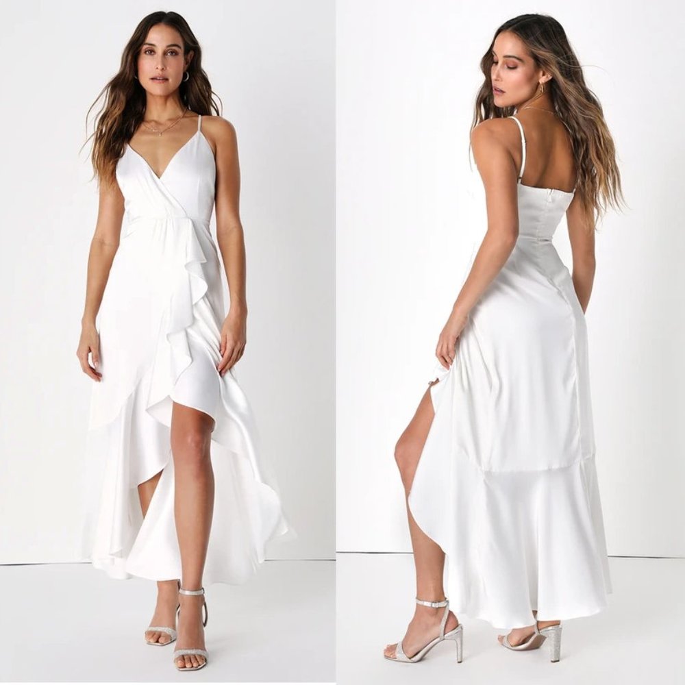Lulu's Enchanted Moments White Satin Ruffled High-Low Faux Wrap Dress